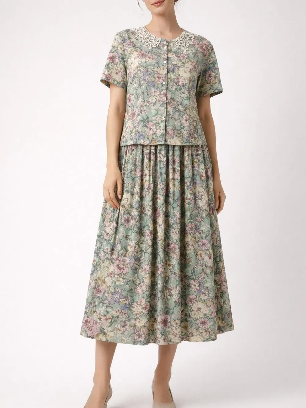 Vintage Agenda Petite Floral Rayon Two Piece Skirt Set Lace Collar Cottagecore 4